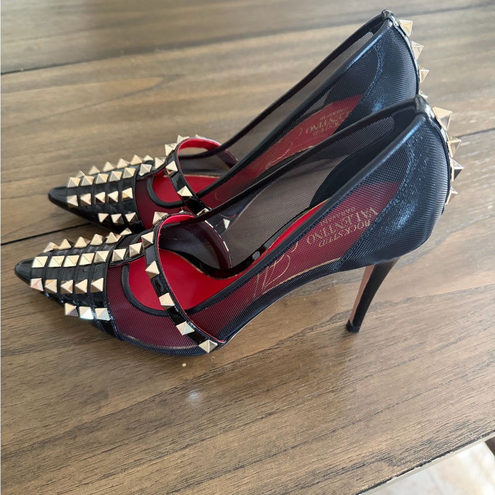 Valentino Garavani Black and Red Studded Heels - Picture 1 of 6